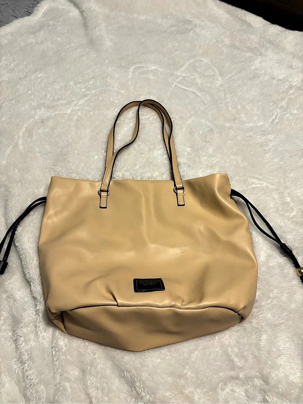 Victoria's Secret Cream Faux Leather Drawstring Tote Bag
